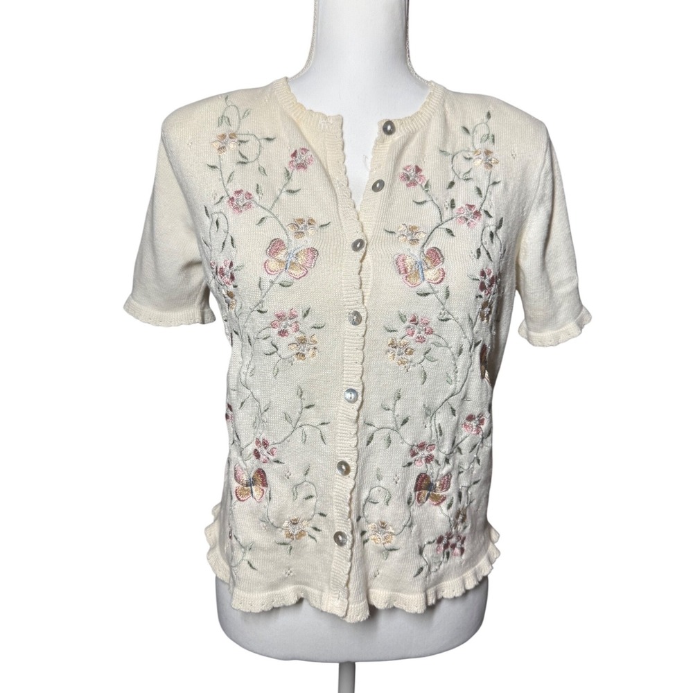 Alfred Dunner Petite Floral Butterfly Embroidered Cardigan PS Cream Excellent
